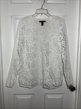 INC International Concepts White Long-Sleeve Sweater with Crochet Lace Overlay